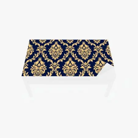 Adesivo per tavolo e scrivania motivo damasco oro su sfondo blu navy • Wallissimo®