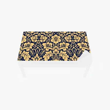 Adesivo per tavolo e scrivania motivo damascato floreale oro su fondo blu • Wallissimo®