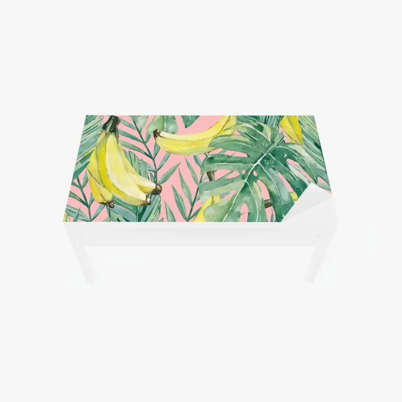 Adesivo per tavolo e scrivania motivo tropicale banane e foglie acquerello su sfondo rosa