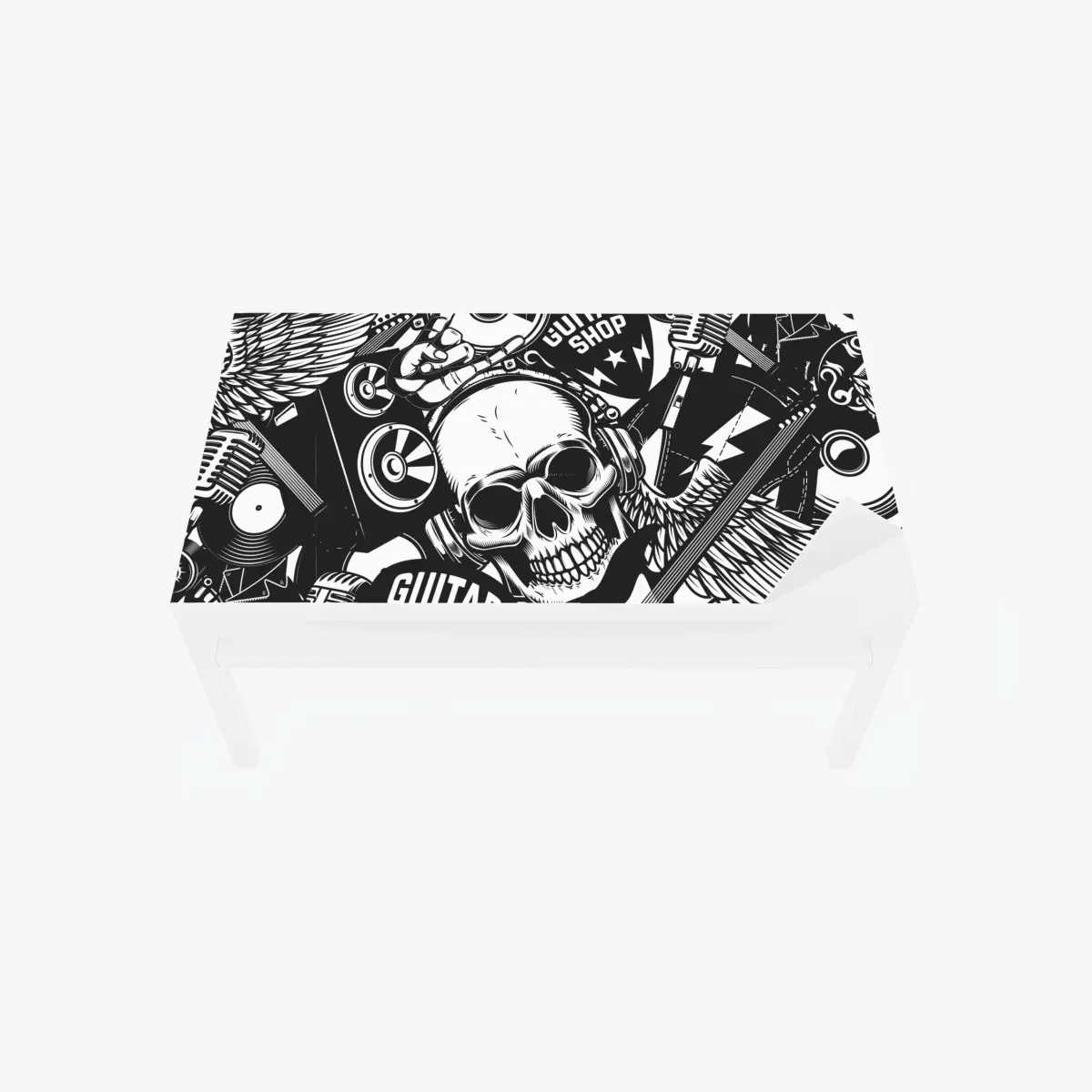 Adesivo per tavolo e scrivania motivo rock teschi e chitarre in bianco e nero • Wallissimo®