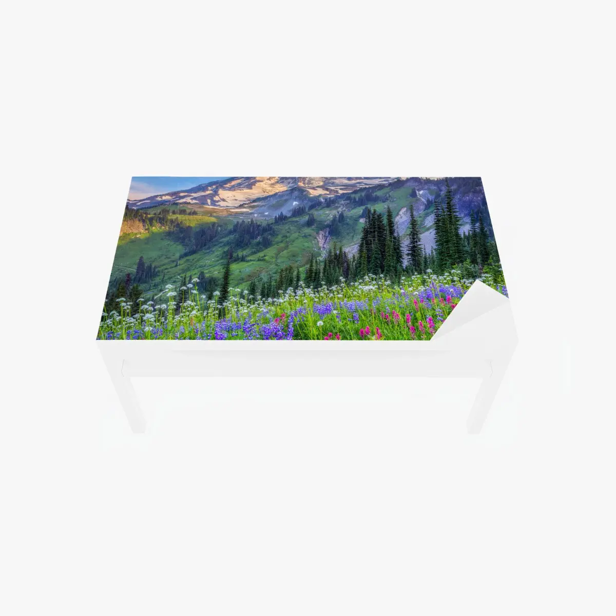 Adesivo per tavolo e scrivania prato alpino fiorito con vista sulla montagna • Wallissimo®