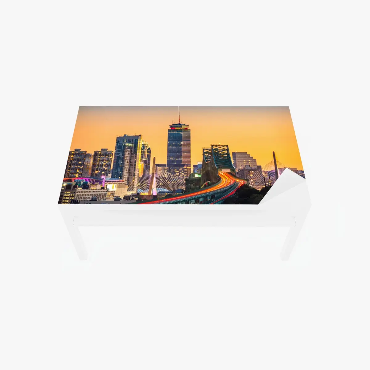 Adesivo per tavolo e scrivania tramonto urbano sulla skyline di Boston con i ponti Zakim e Tobin • Wallissimo®