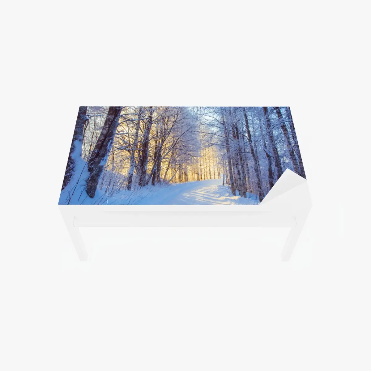 Adesivo per tavolo e scrivania bosco innevato alla luce dorata • Wallissimo®
