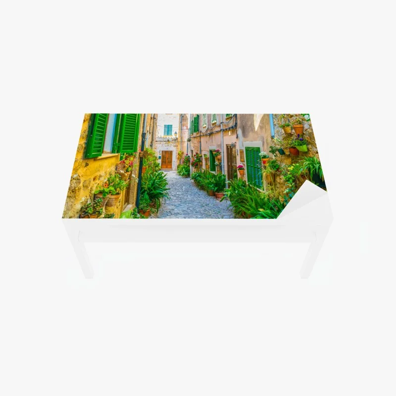 Adesivo per tavolo e scrivania vicolo fiorito in pietra