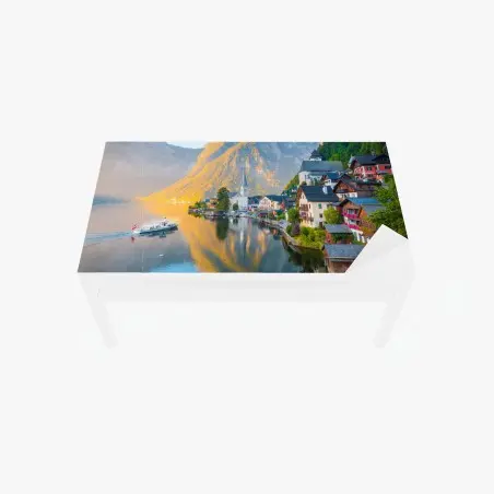 Adesivo per tavolo e scrivania panorama di Hallstatt all'alba • Wallissimo®