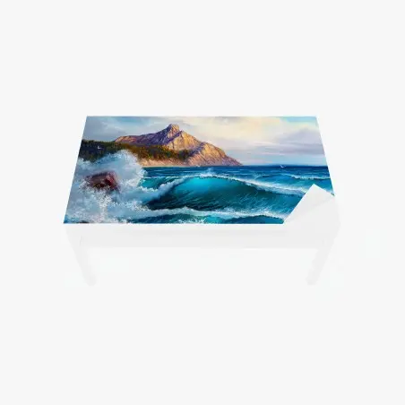 Adesivo per tavolo e scrivania onda turchese sulle scogliere al tramonto • Wallissimo®