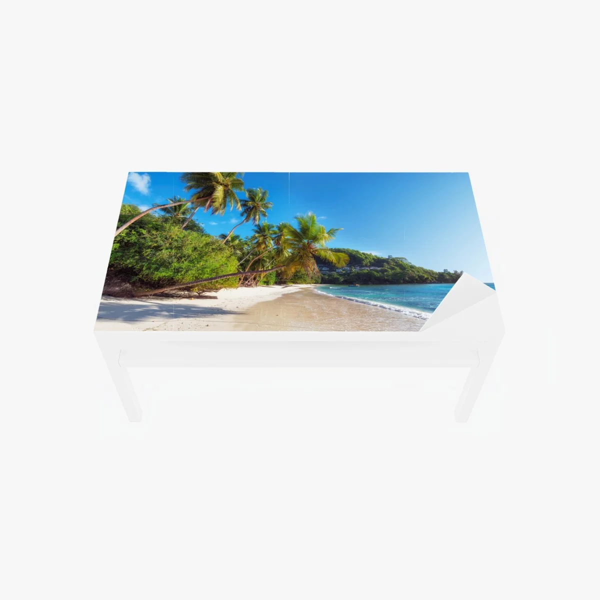 Adesivo per tavolo e scrivania spiaggia tropicale con palme e acque turchesi • Wallissimo® Adesivo per tavolo e scrivania spiaggia tropicale con palme e acque turchesi • Wallissimo®