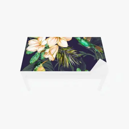Adesivo per tavolo e scrivania motivo tropicale con colibrì e plumeria su sfondo scuro • Wallissimo®