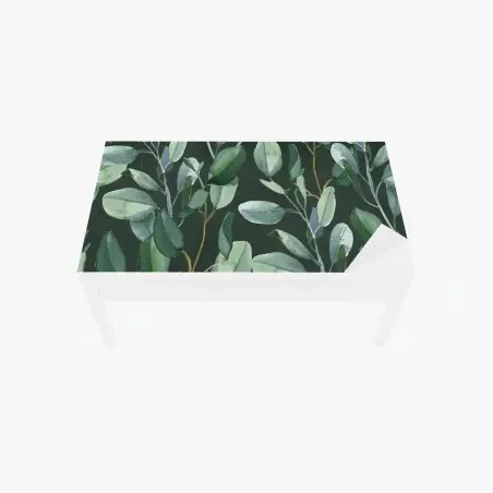Adesivo per tavolo e scrivania motivo botanico di eucalipto su fondo verde scuro • Wallissimo®
