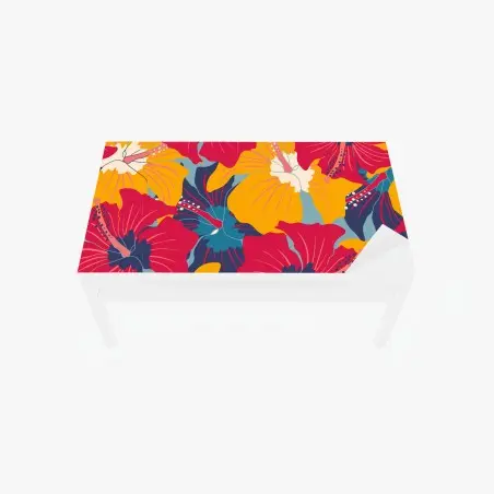 Adesivo per tavolo e scrivania motivo vintage tropicale di ibischi colorati • Wallissimo®