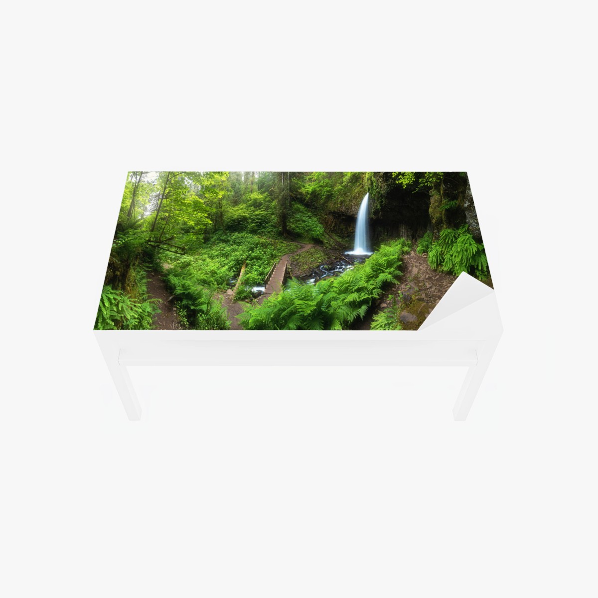 Adesivo per tavolo e scrivania oasi verde con cascata e passerella • Wallissimo®