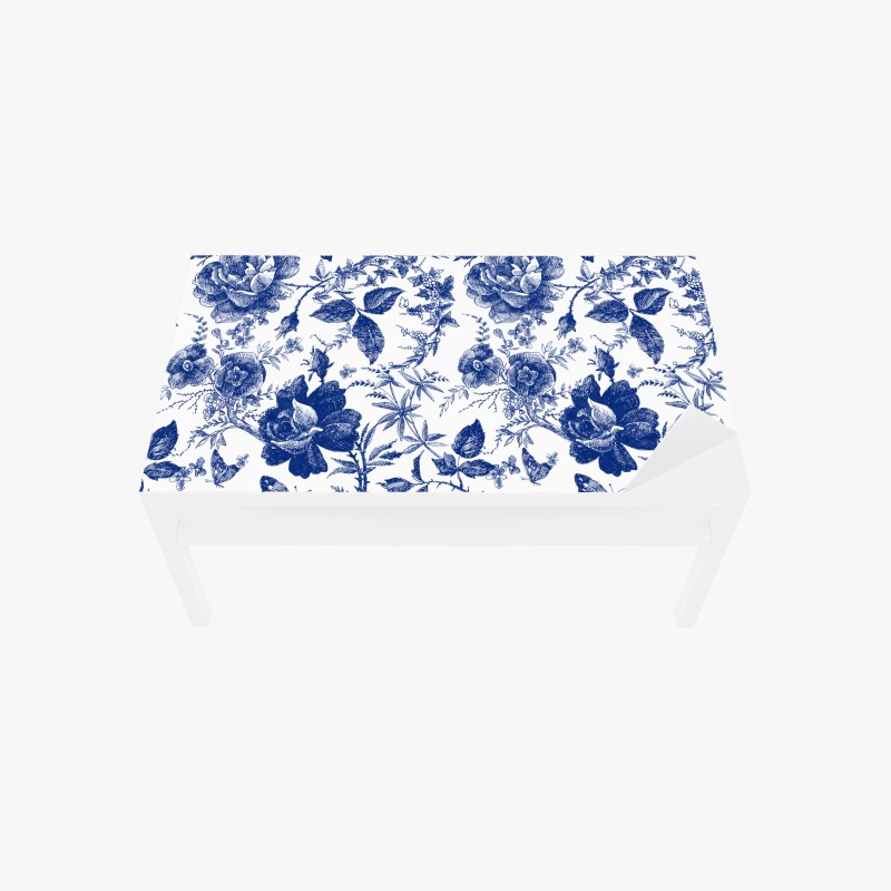 Adesivo per tavolo e scrivania motivo floreale blu in stile toile