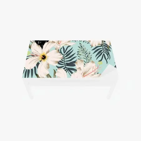 Adesivo per tavolo e scrivania tropicale: tucani e fiori su sfondo verde menta • Wallissimo®