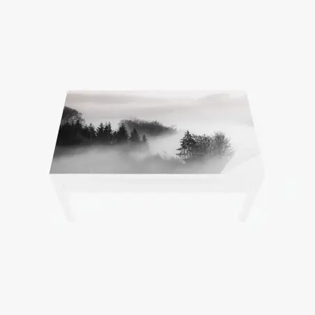 Adesivo per tavolo e scrivania foresta nella nebbia al mattino • Wallissimo®