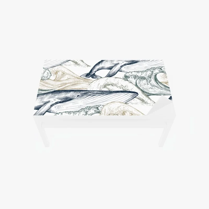 Adesivo per tavolo e scrivania balene e onde in stile inciso