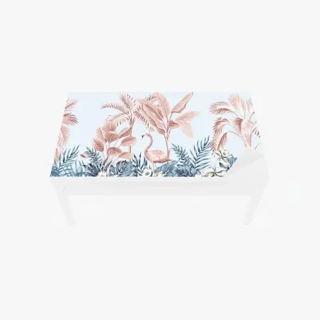 Adesivo per tavolo e scrivania scena tropicale rosa e azzurra con fenicottero • Wallissimo®