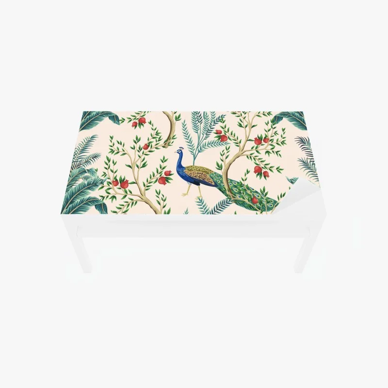 Adesivo per tavolo e scrivania pavone e melograni su motivo botanico elegante