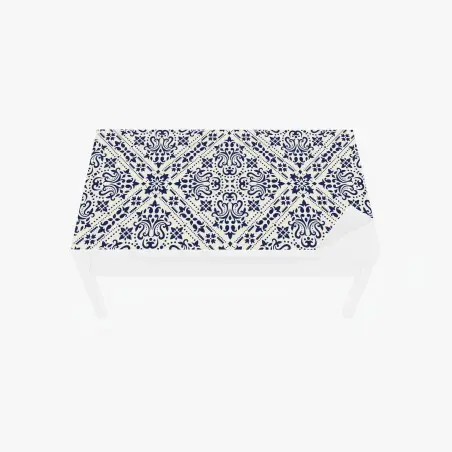 Adesivo per tavolo e scrivania motivo damascato blu navy su sfondo crema • Wallissimo®