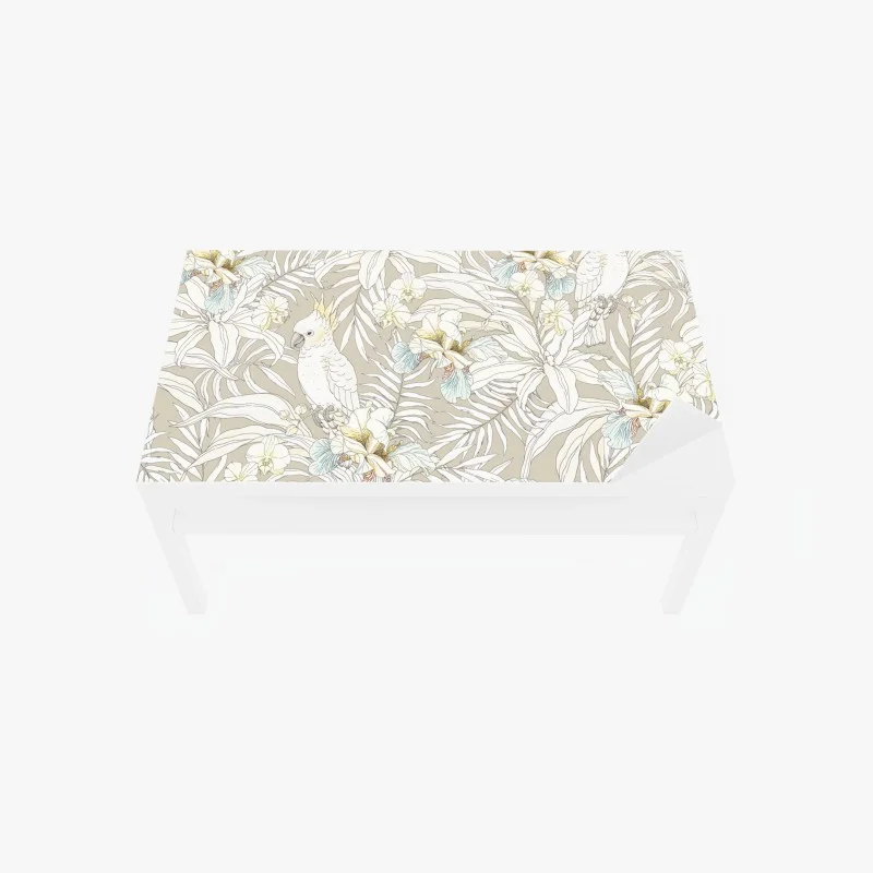 Adesivo per tavolo e scrivania cacatua e orchidee in motivo tropicale pastello