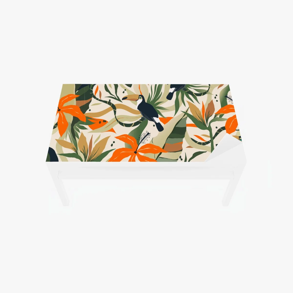 Adesivo per tavolo e scrivania motivo tropicale con tucani e fiori arancioni • Wallissimo® Adesivo per tavolo e scrivania motivo tropicale con tucani e fiori arancioni • Wallissimo®