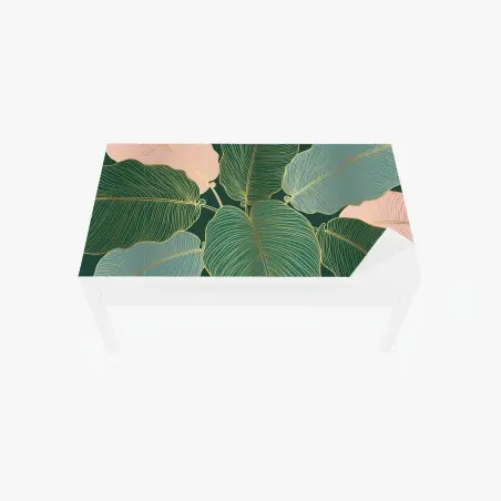 Adesivo per tavolo e scrivania foglie tropicali dorate su sfondo verde • Wallissimo®