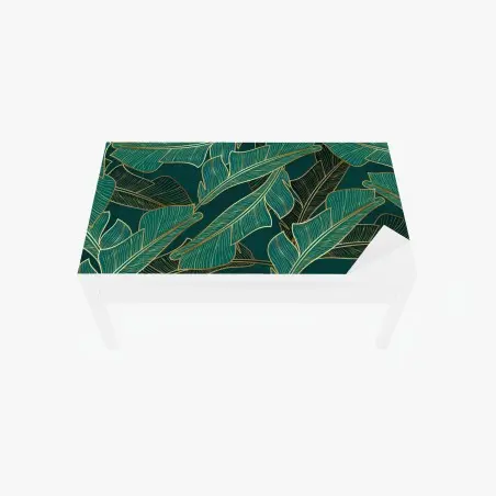 Adesivo per tavolo e scrivania foglie tropicali dorate su sfondo verde smeraldo • Wallissimo®