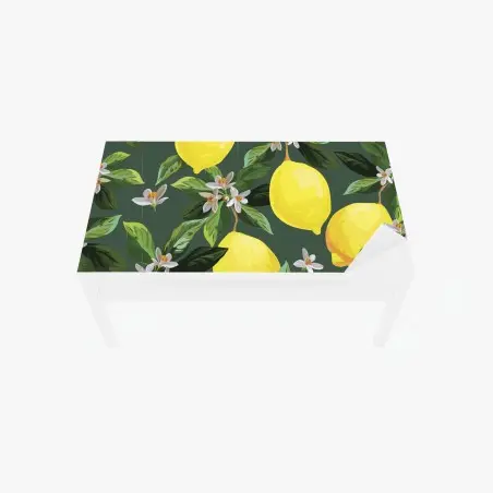Adesivo per tavolo e scrivania stampa limoni e fiori su sfondo verde scuro • Wallissimo®