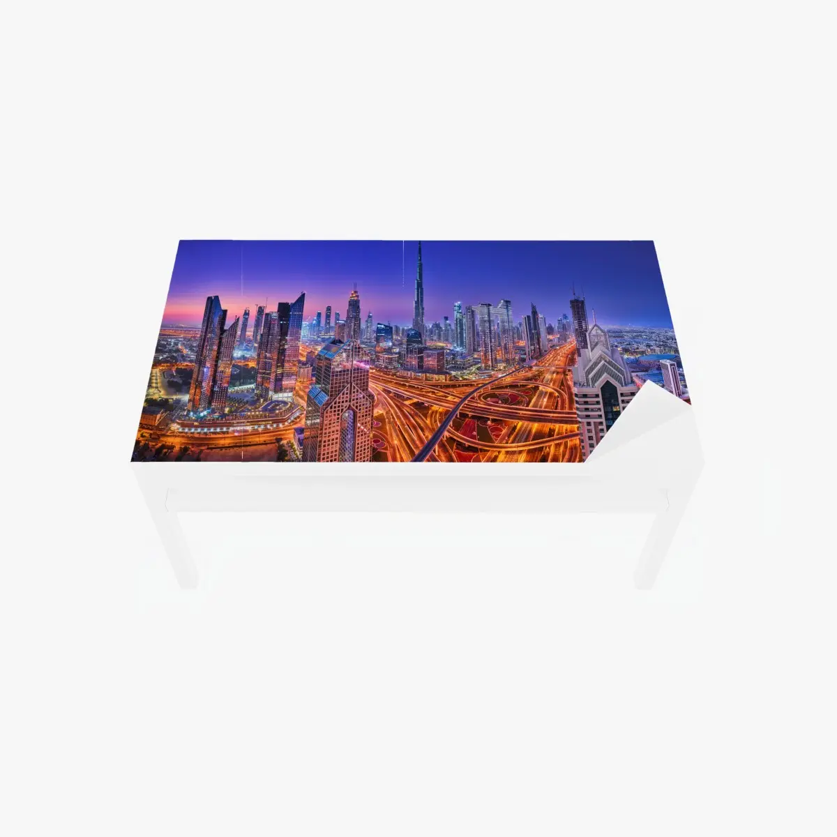 Adesivo per tavolo e scrivania panorama notturno di Dubai: skyline moderno e dinamico • Wallissimo®