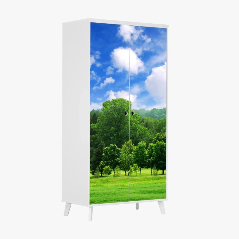 Adesivo per armadio panorama estivo di bosco giovane e cielo azzurro