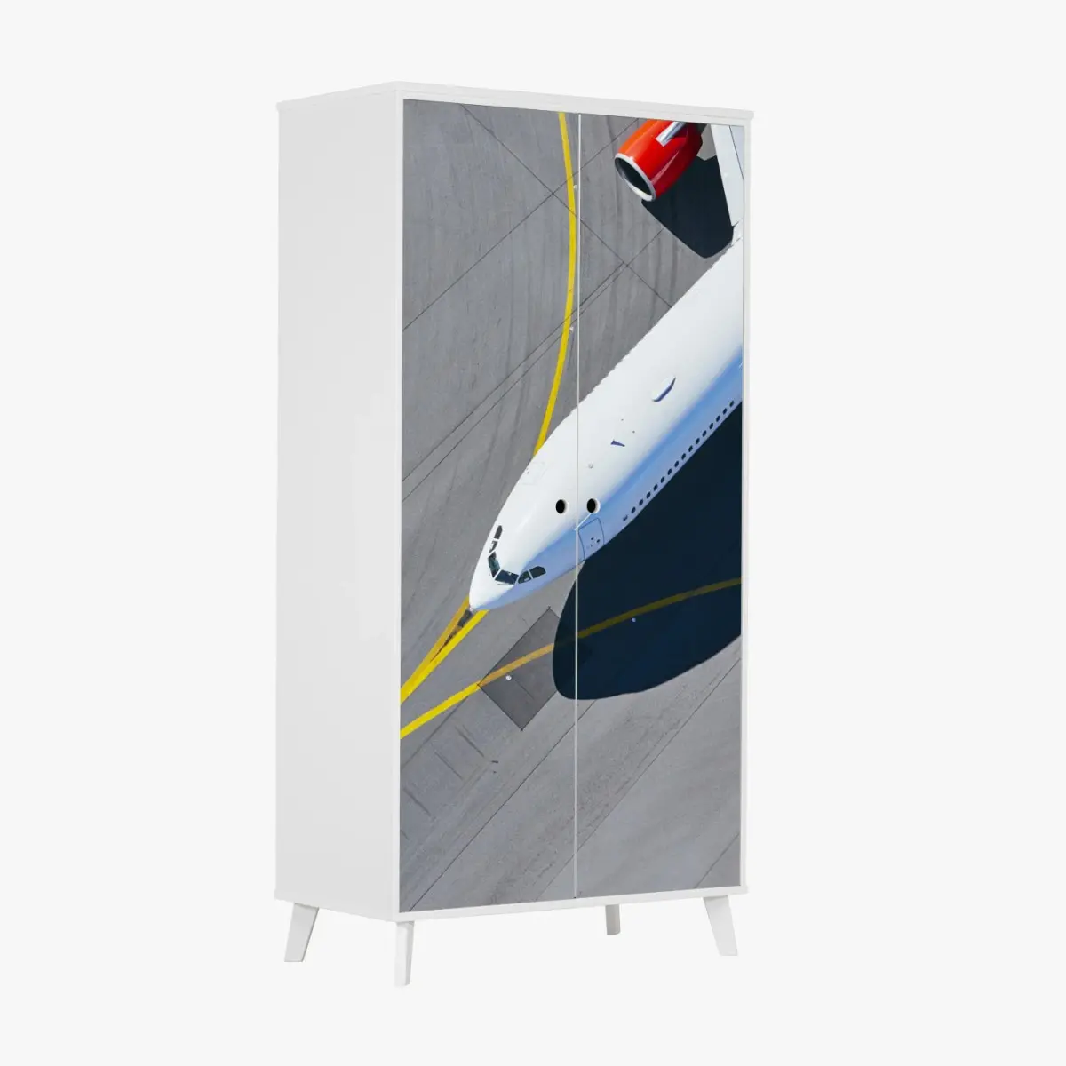 Adesivo per armadio aereo bianco sulla pista vista aerea • Wallissimo®