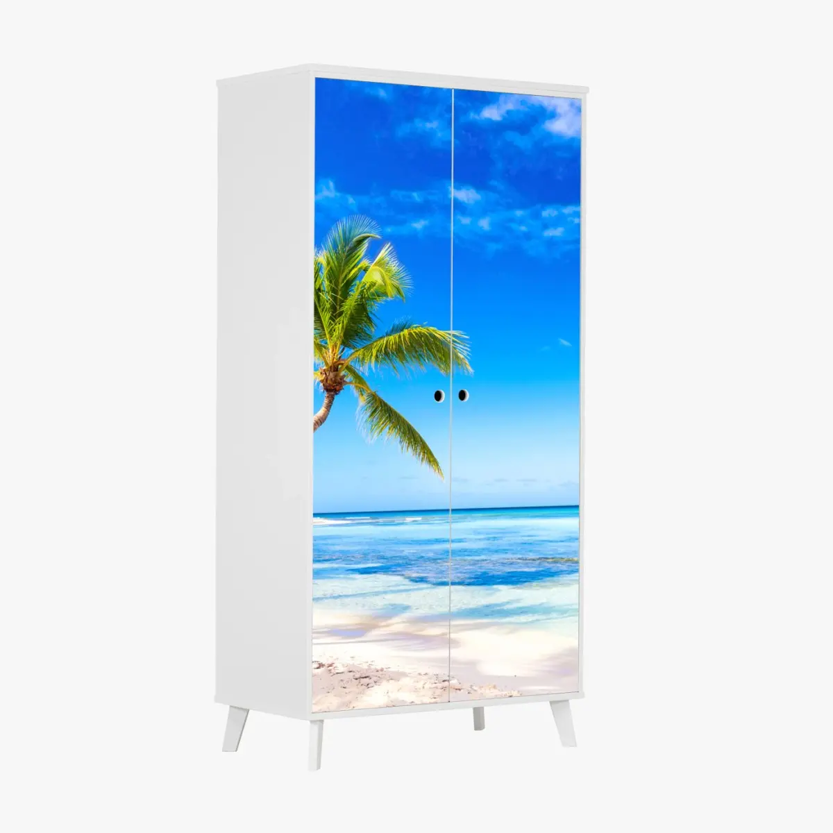 Adesivo per armadio paesaggio tropicale con palma inclinata sul mare • Wallissimo®