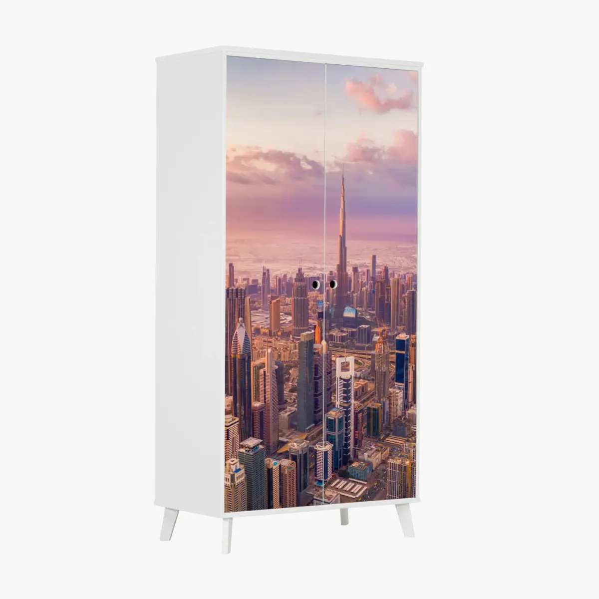 Adesivo per armadio tramonto sullo skyline di Dubai con il Burj Khalifa • Wallissimo®