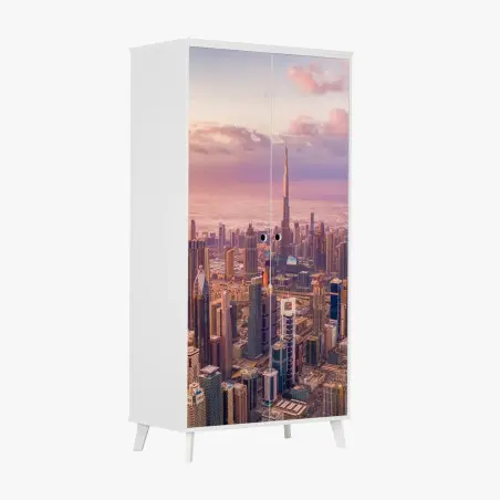 Adesivo per armadio tramonto sullo skyline di Dubai con il Burj Khalifa • Wallissimo®