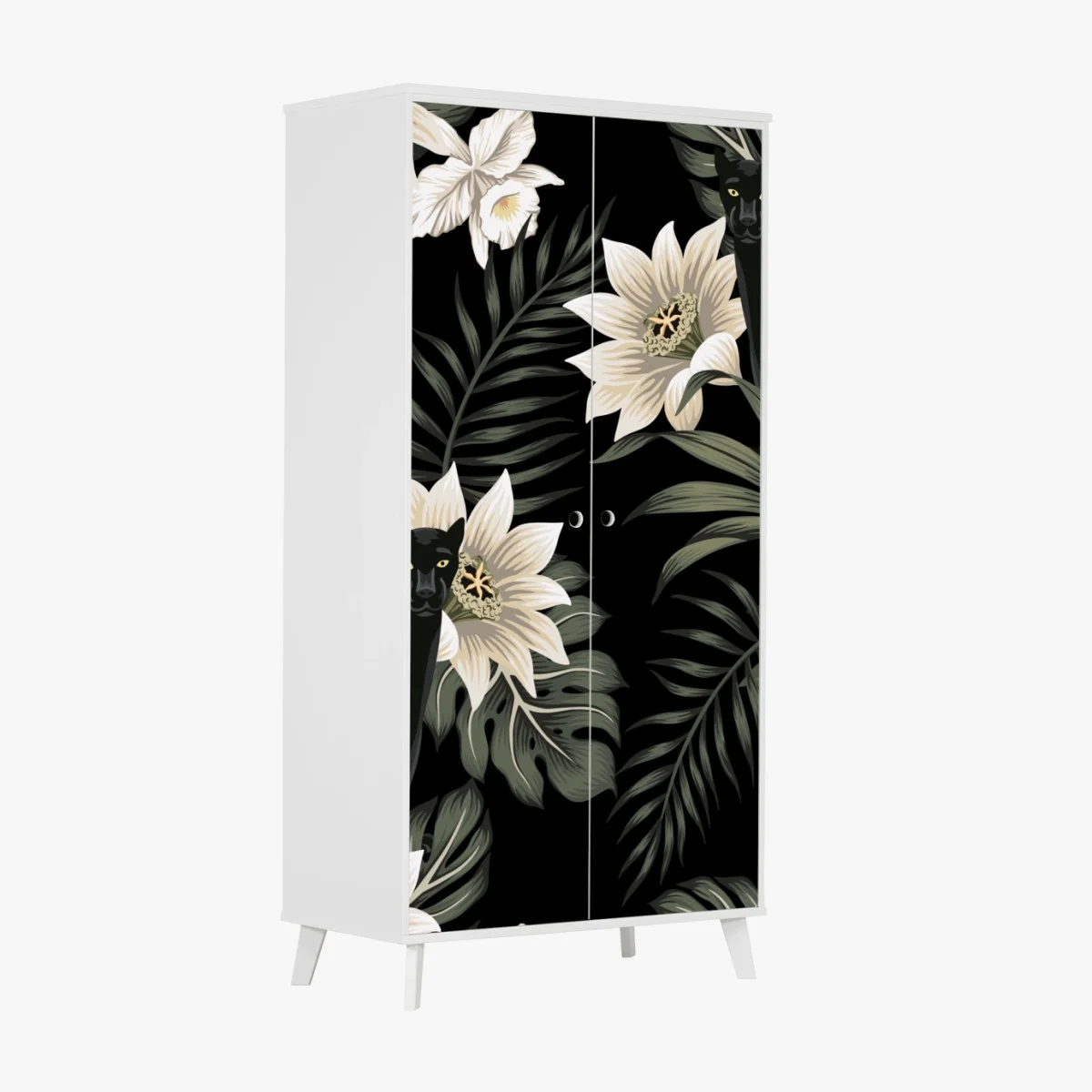 Adesivo per armadio pantera nera tra fiori tropicali • Wallissimo® Adesivo per armadio pantera nera tra fiori tropicali • Wallissimo®
