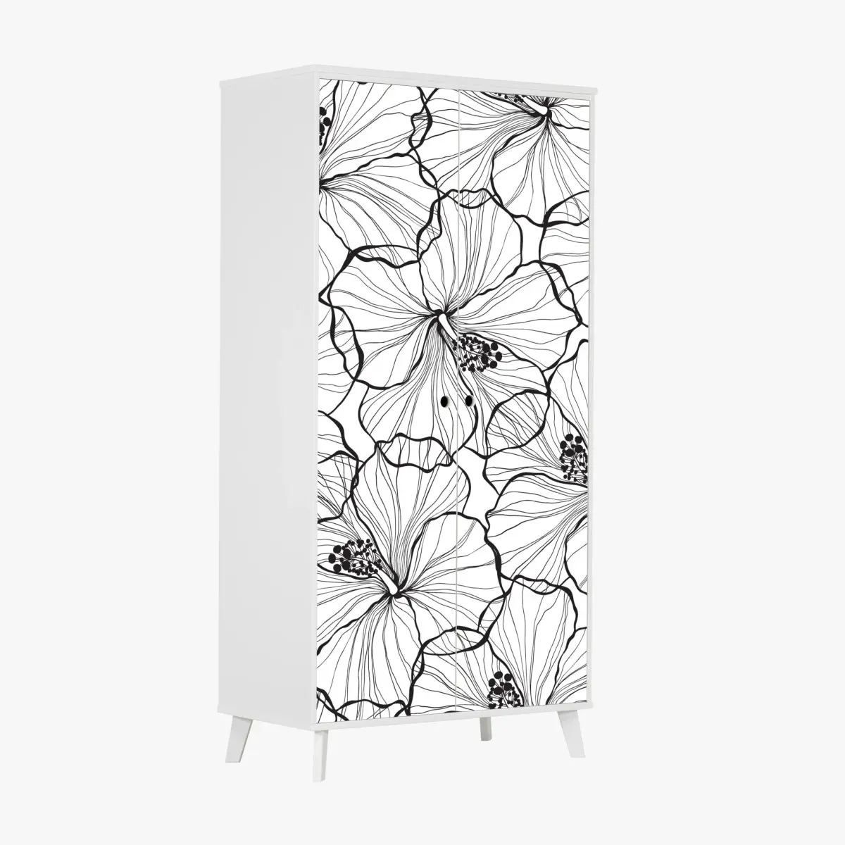 Adesivo per armadio motivo floreale a linee sottili in bianco e nero • Wallissimo®
