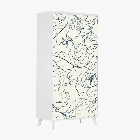 Adesivo per armadio elegante motivo floreale blu su fondo crema • Wallissimo®