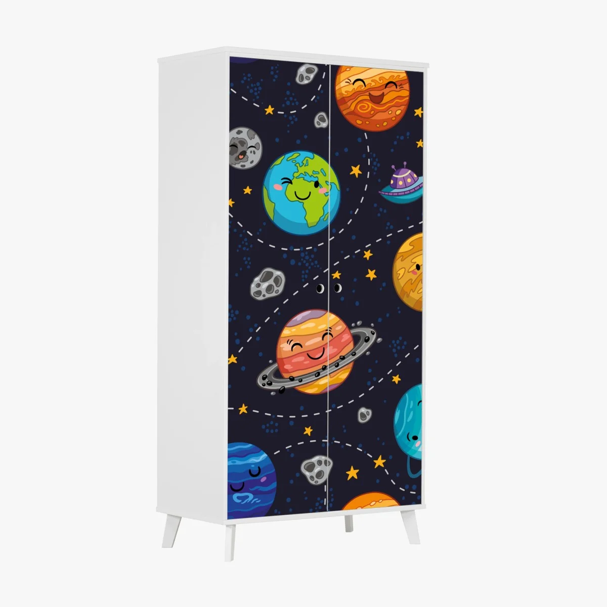 Adesivo per armadio universo allegro di pianeti sorridenti • Wallissimo® Adesivo per armadio universo allegro di pianeti sorridenti • Wallissimo®
