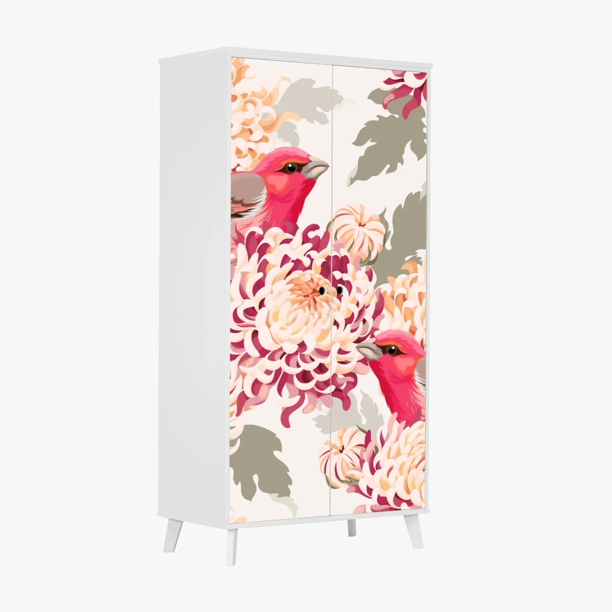 Adesivo per armadio motivo romantico di crisantemi e uccelli rosa • Wallissimo® Adesivo per armadio motivo romantico di crisantemi e uccelli rosa • Wallissimo®