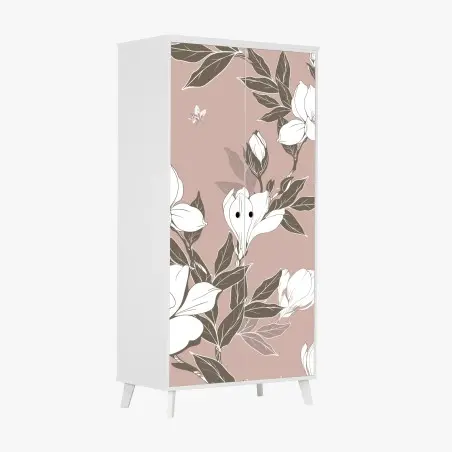 Adesivo per armadio motivo di magnolie bianche su sfondo rosa antico • Wallissimo®
