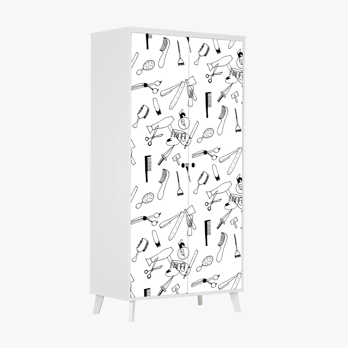 Adesivo per armadio motivo strumenti da parrucchiere in bianco e nero • Wallissimo®
