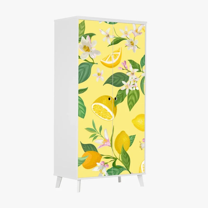 Adesivo per armadio motivo limoni e fiori su sfondo giallo