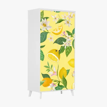 Adesivo per armadio motivo limoni e fiori su sfondo giallo • Wallissimo®