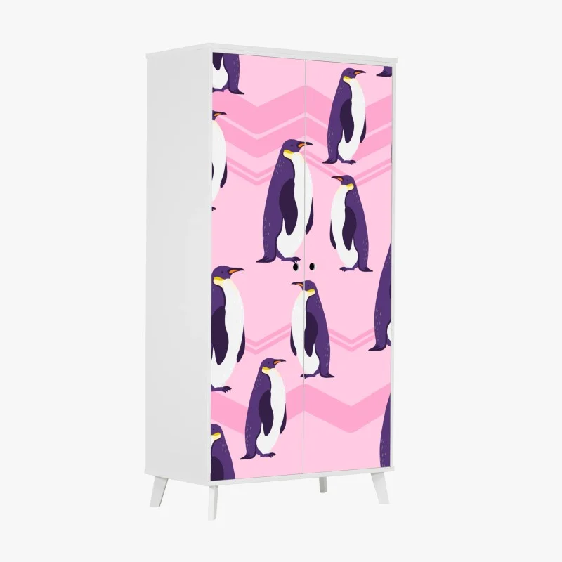 Adesivo per armadio pinguini viola su sfondo rosa a zigzag