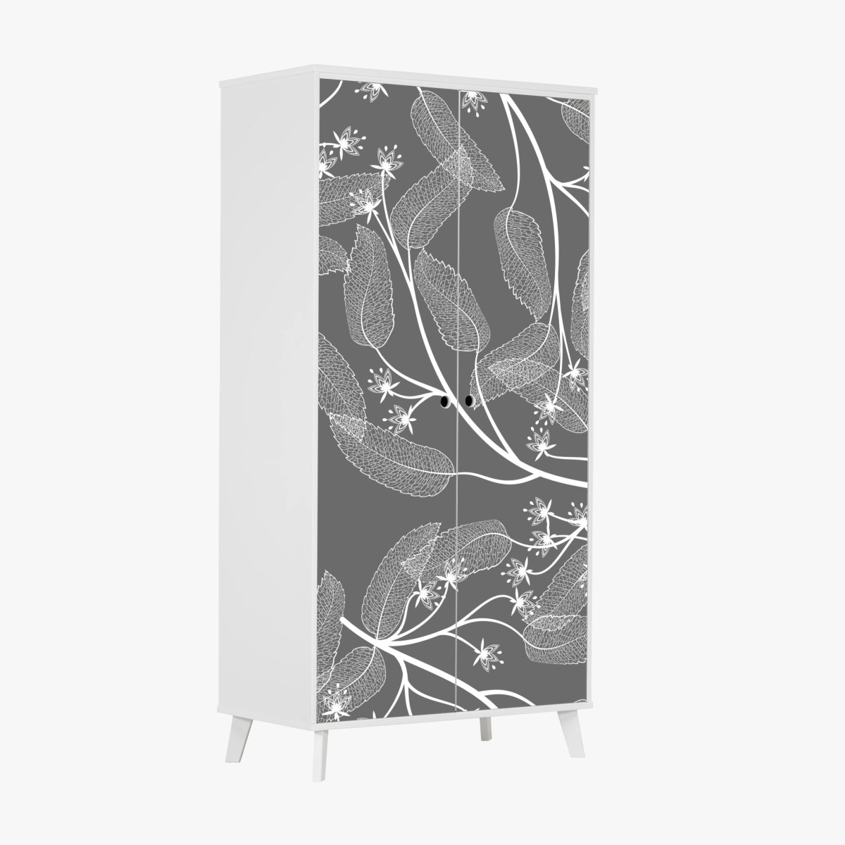 Adesivo per armadio motivo botanico elegante in bianco e grigio • Wallissimo®