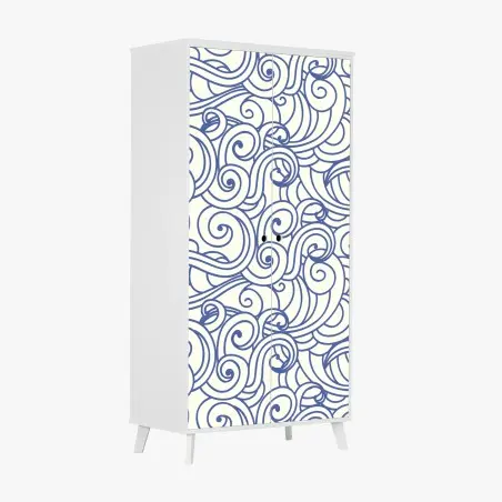Adesivo per armadio onde stilizzate blu su sfondo crema • Wallissimo®