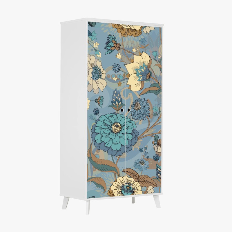 Adesivo per armadio motivo floreale vintage in tonalità blu e turchese