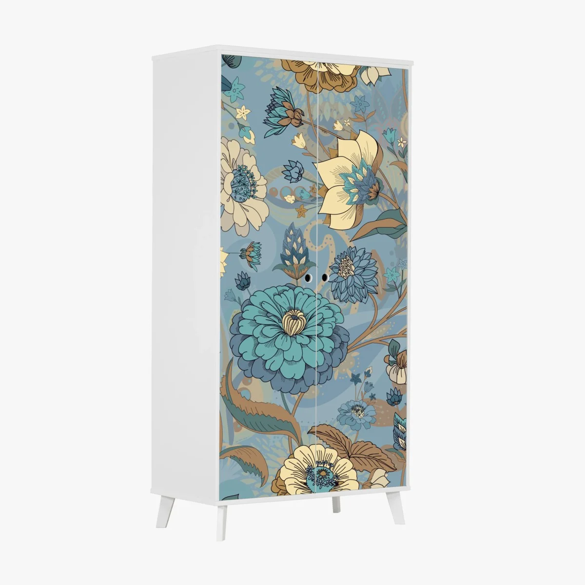 Adesivo per armadio motivo floreale vintage in tonalità blu e turchese • Wallissimo® Adesivo per armadio motivo floreale vintage in tonalità blu e turchese • Wallissimo®