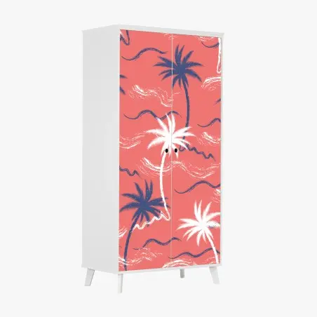 Adesivo per armadio motivo tropicale di palme su sfondo corallo • Wallissimo®