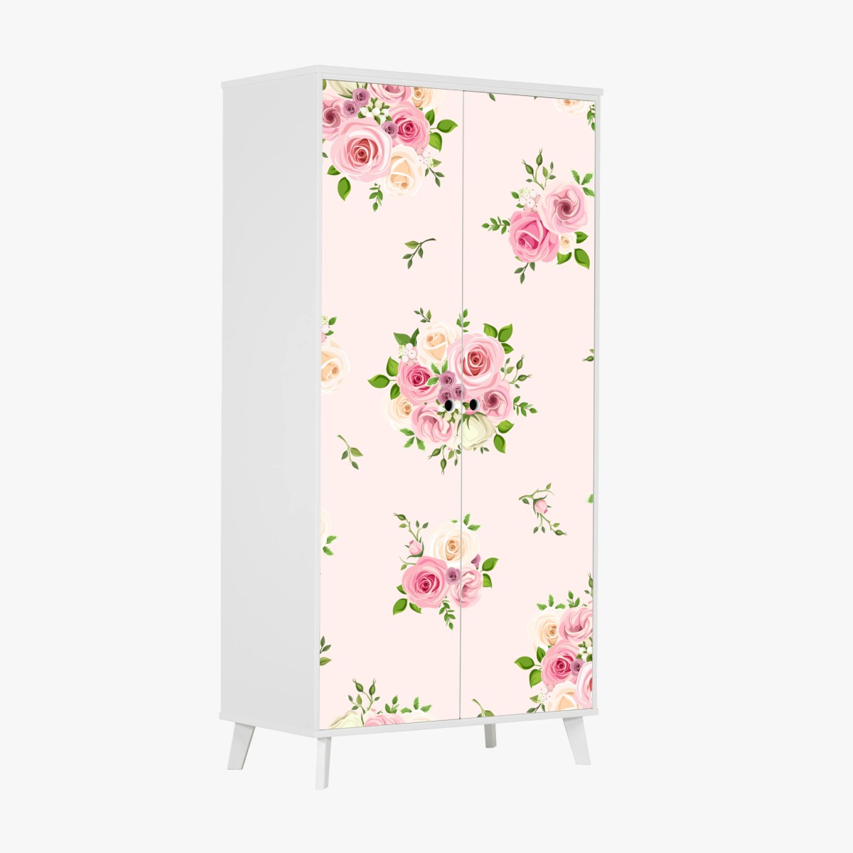 Adesivo per armadio bouquet di rose pastello su sfondo rosa • Wallissimo®