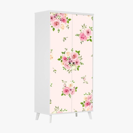Adesivo per armadio bouquet di rose pastello su sfondo rosa • Wallissimo®